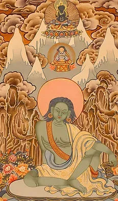 Thangka tibétaine représentant le yogi Milarépa, la main à l'oreille